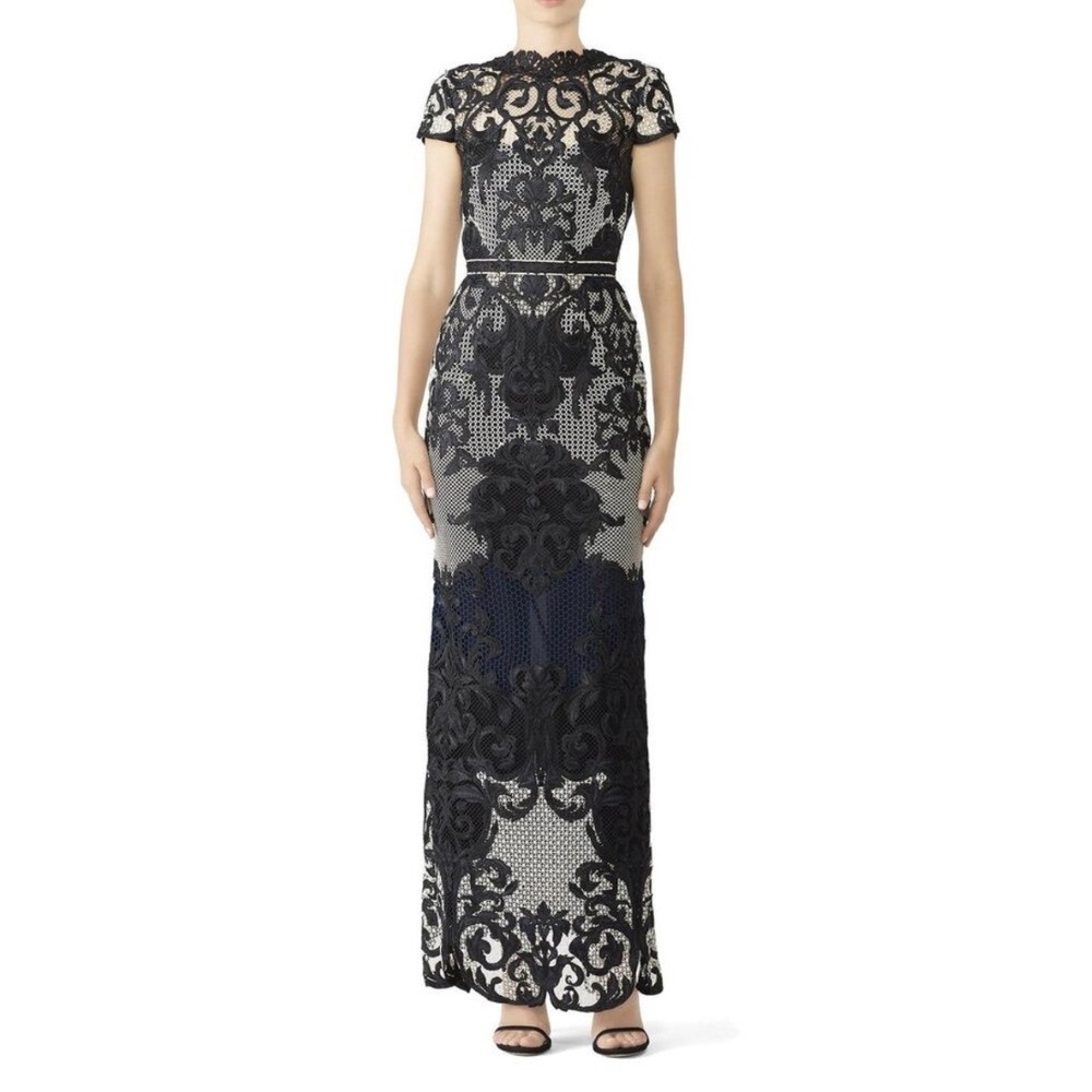 Marchesa Notte Black White Lace Open Back Column Gown Size 8